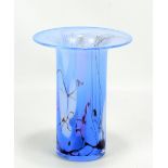 WILLIAM WALKER; a blue glass vase with trailed detail of cylindrical form with flared rim from