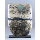 PETER HAYES (born 1946); a very large raku bow mounted on slate base, fractured smoky white surface,