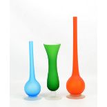 CARLO MORETTI; three Murano 'Satinato' satin finish vases in orange, blue and green over white and