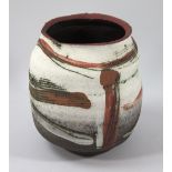 JOHN HIGGINS (born 1947); a stoneware vessel decorated with red brushwork on a dry white textured