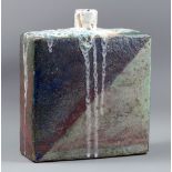ROB HAND; a large square raku bottle with polychrome decoration, incised signature, height 27.