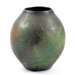 MO ABBARO (1935-2016); a stoneware vase, textured surface covered in green and red glaze, incised