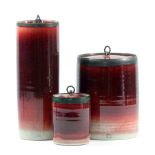 EDDIE CURTIS (born 1953); three cylindrical porcelain jars and covers predominantly covered in
