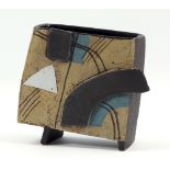 JOHN MALTBY (born 1936); a rectangular stoneware slab vase decorated with a stylised landscape