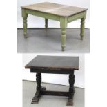 A late 19th/early 20th century distressed pine kitchen table, on green painted baluster supports,