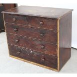 A Victorian mahogany chest of two-over-three drawers height 90.5cm (af, lacking legs).