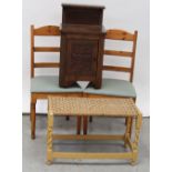 A pair of pine rustic-style kitchen chairs, a rustic yellow painted stool with raffia seat,