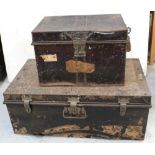 A large 19th century metal seamen's trunk with rectangular looped carry handles, width 89.