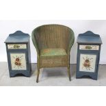 A pair of Gustavian-style blue stained floral painted bedroom cabinets and a Lloyd Loom chair (3).