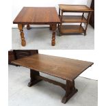 A modern oak draw-leaf table on turned supports, width 91cm, an oak three-shelf tea trolley,