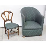 A small 1930s newly-upholstered tub chair on turned bun feet and a small Victorian trifid-back