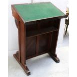 An early-to-mid 20th century stained pine lectern, chevron front to curved, carved bracket supports,