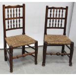 A good pair of bobbin-turned back rush-seated Georgian-style dining chairs, height of each 96cm (2).