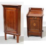 An early 20th century mahogany inlaid floor-standing corner cupboard on block and peg supports,