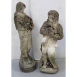 Two composite stone garden statues, one modelled as a young female figure with bunch of flowers,