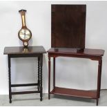 An oak Arts and Crafts style fire screen, a contemporary mahogany wall hanging barometer,