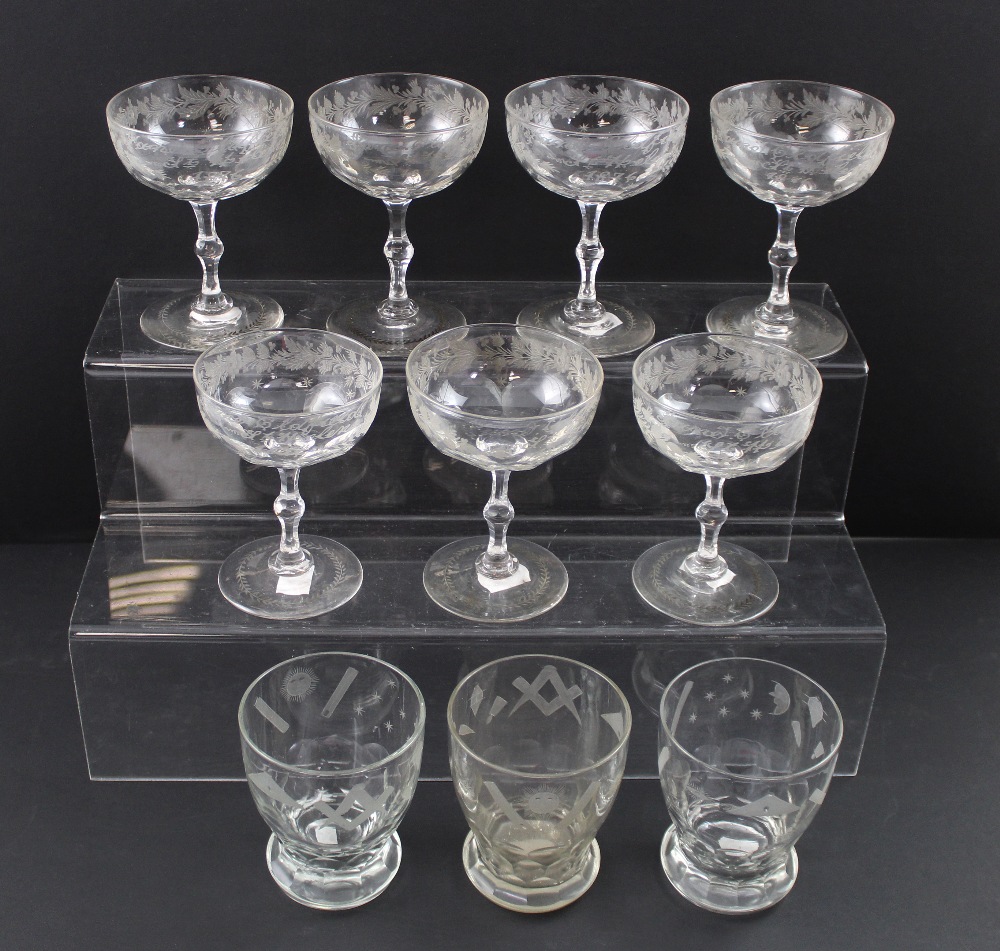 An interesting glass lot to include seven late 19th century lapidary cut Champagne saucers of