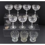 An interesting glass lot to include seven late 19th century lapidary cut Champagne saucers of