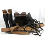 A group of equestrian items including a GFS Fieldhouse brown leather 18.5" saddle, a 5.5" pelham bit