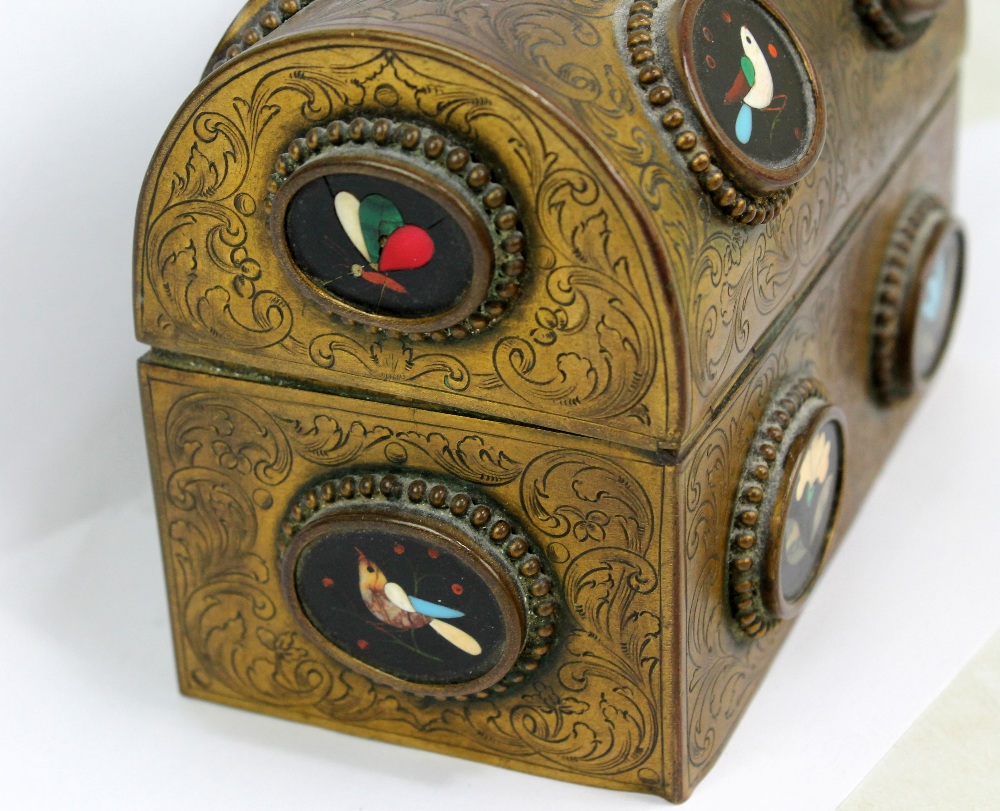 A 19th century engraved brass and pietra dura plaque mounted domed casket, overall set with thirteen - Image 3 of 11