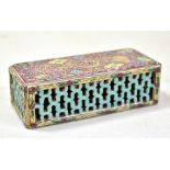 A Chinese Canton enamel decorated rectangular wrist rest with iron red seal mark to base, width 11.