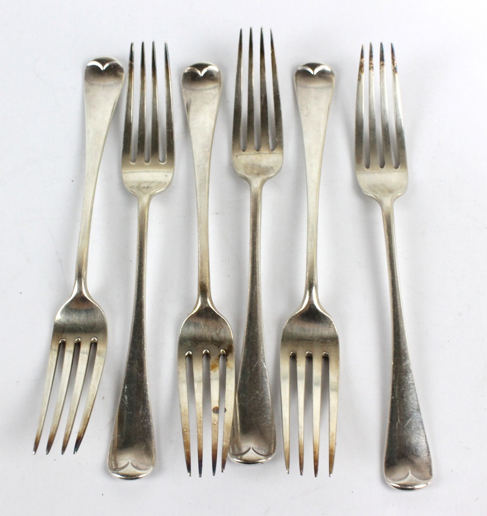 CHARLES BOYTON II; a set of six Victorian hallmarked silver Old English pattern table forks,