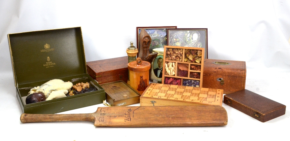 A group of collectors' items including leather bound jewellery box with fitted interior, cased