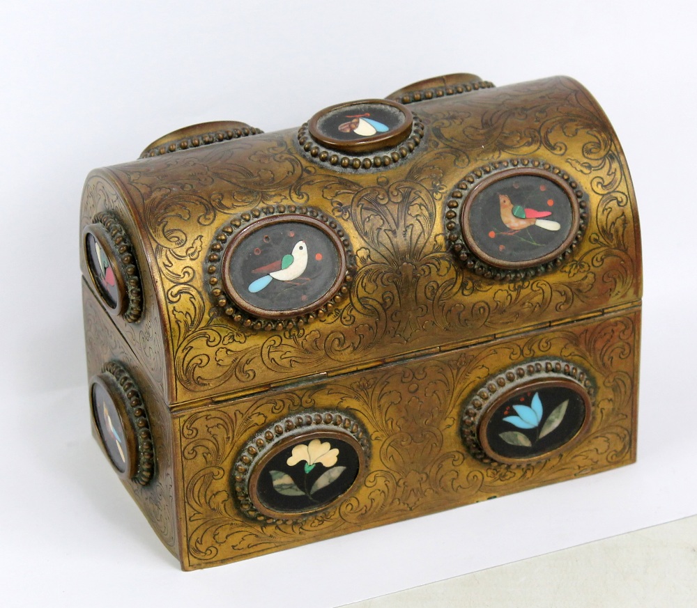 A 19th century engraved brass and pietra dura plaque mounted domed casket, overall set with thirteen - Image 2 of 11