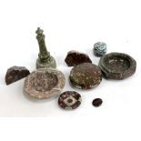 A small group of carved Cornish Serpentine including model of Bishop Rock lighthouse, height 17cm,