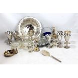 A small group of electroplated items including dish with squirrel handle, wine goblets, rose bowl,