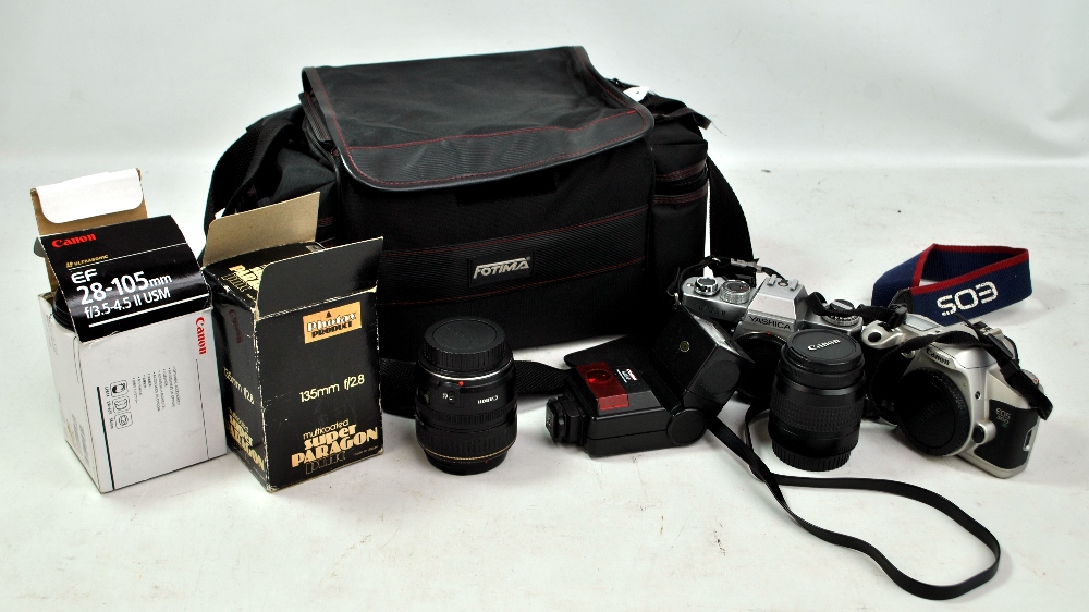 A group of camera equipment to include a Yaschica 'FRII' camera, a Yaschica 55 FII lens, a Tamron