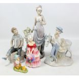 Five ceramic figures comprising a Lladro figure of a lady in ball gown (af), Nao figure of a