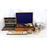 A small group of electroplated items to include an oak cased canteen of ivorine handled flatware,
