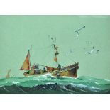 DENIS LORD; watercolour, fishing boat on rough sea with gulls, signed lower left, 34.5 x 35cm,