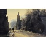 ROBERT 'BOB' LITTLEFORD FRSA BWS (born 1945); watercolour, figural street scene with church,