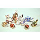 ROYAL CROWN DERBY; ten paperweights, six with gold stoppers including cat and a pair of ladybirds,