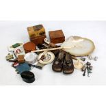 A mixed group of collectors' items including walnut and mauchline ware boxes, dress studs and