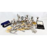 A group of silver plate including three piece tea set, two EPBM pots, cased christening set, a
