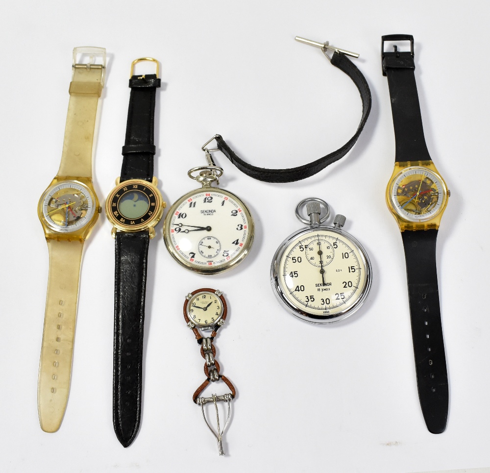 SWATCH; two skeleton dial dress watches on rubber straps, a further watch and Drayson of London