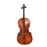 A full size German violoncello with partial indistinct label to interior, length of back 75.5cm,