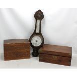 A Victorian walnut brass bound writing slope, width 35cm, a 1920s oak banjo barometer/thermometer