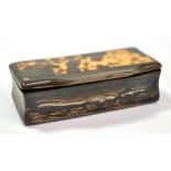 A Victorian horn rectangular snuff box with tortoiseshell inset hinged lid, 6 x 3cm.