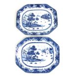 A large pair of Chinese 18th century rectangular octagonal shaped platters well painted in blue