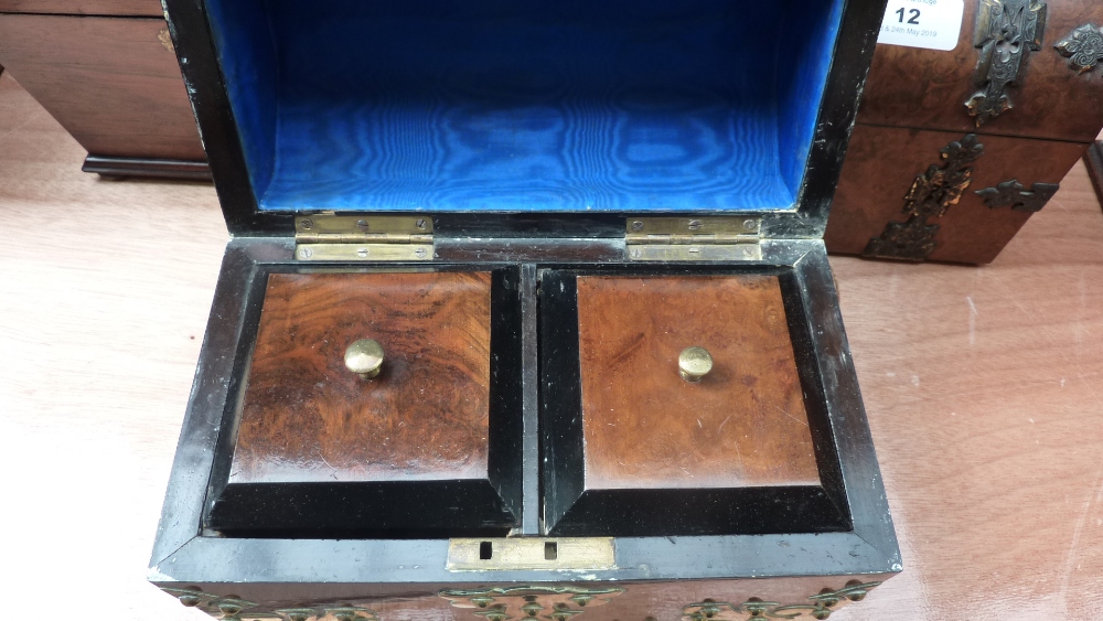 A figured walnut and brass decorated Victorian dome topped two division tea caddy, width 23cm. - Image 2 of 3