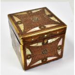 A 19th century inlaid rosewood square section trinket box with mother of pearl detail and brass