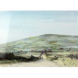 ROBERT 'BOB' LITTLEFORD FRSA BWS (born 1945); watercolour, moorland scene with figure walking dog to
