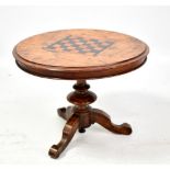 A Victorian burr walnut miniature tilt top breakfast table, the top with inlaid chessboard, raised