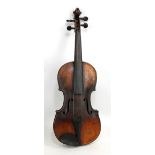 An early 20th century full size German violin, the two piece back 36cm, unlabelled, cased with two