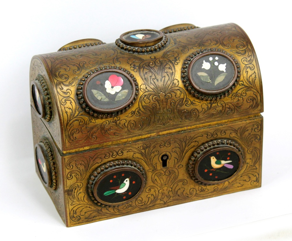 A 19th century engraved brass and pietra dura plaque mounted domed casket, overall set with thirteen