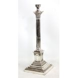 MAPPIN & WEBB; a silver plated Corinthian column table lamp with stop fluted stem and stepped square